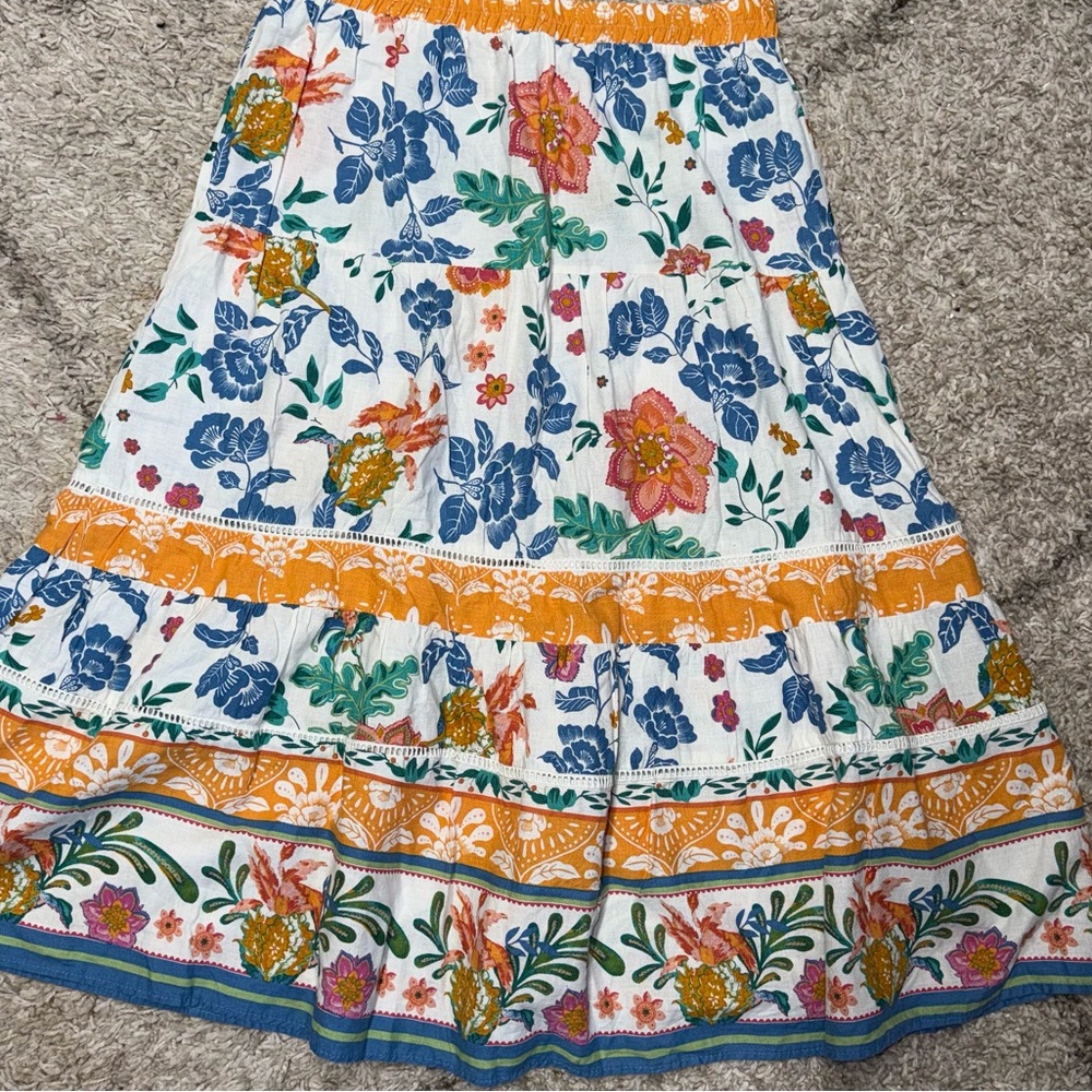 Rachel Zoe White Floral A-Line Skirt with Blue, Orange and Green Accents